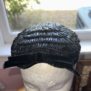 Vintage 50s Belmar Black Mesh Fitted Cap/Hat with Velvet Bow on Front